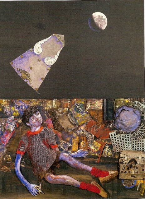 Antonio Berni. JUANITO Y LA AERONAVE. 1962. Collage polimatérico sobre madera. 210 x 160 cm.