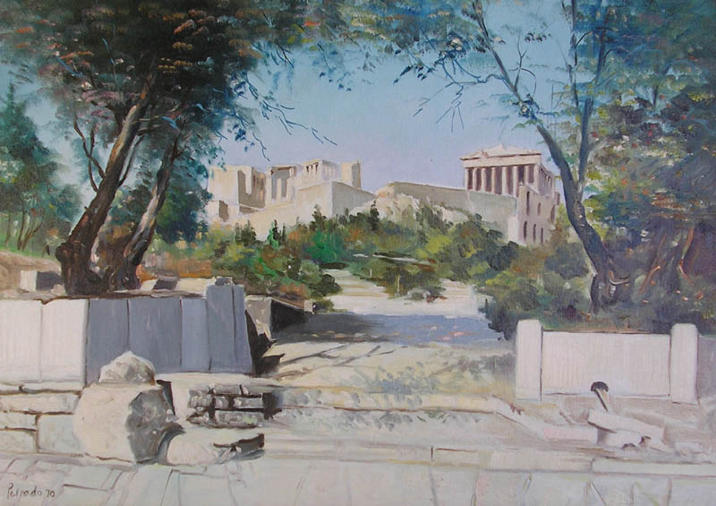 Joaquín Peinado. "Gloria de la antigua Grecia". 1970. Óleo sobre lienzo. 50 x 70 cm.
